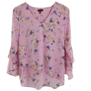 Vince Camuto Pink Floral Long Bell Sleeve Top Womens Size Small